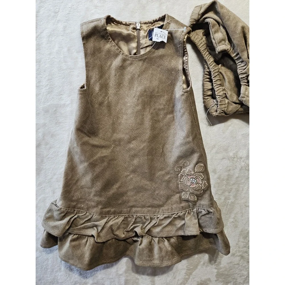 The Children's Place 24M Corduroy Dress &‎ Bloomers Set Brown Ruffle Hem Floral - Picture 4 of 12